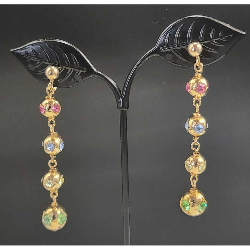 Vintage 1/20 14K Gold Filled Multicolor Rhinestone Tiered Orb Drop Earrings 2"